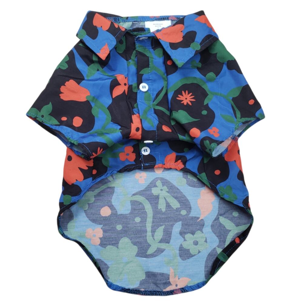 DOGGIE HAWAIIAN SHIRT BLUE BLACK ORANGE & GREEN FLORAL SIZE SMALL VELCRO CLOSURE